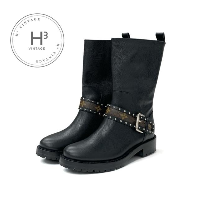 ルイヴィトン LOUIS VUITTON モノグラム ブーツ ショートブーツ 靴 シューズ レザー ブラック ブラウン ロゴ ベルト スタッズ