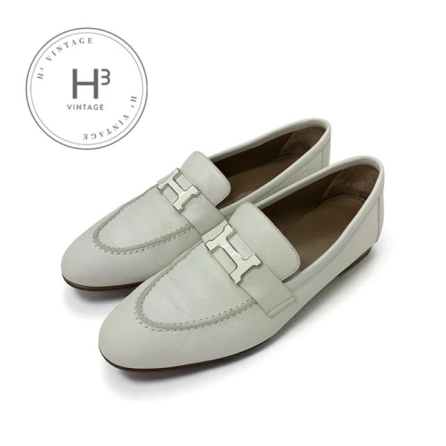 エルメス HERMES パリ ローファー 革靴 靴 シューズ レザー アイボリー モカシン H金具