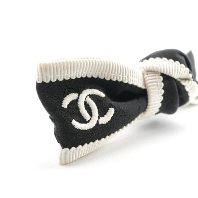 シャネル CHANEL ヘアアクセサリー ブラック アイボリー シルバー ココマーク リボン バレッタ_4