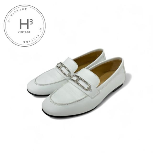 エルメス HERMES コレット ローファー 革靴 靴 シューズ レザー ホワイト 白 シルバー ルリバックル モカシン