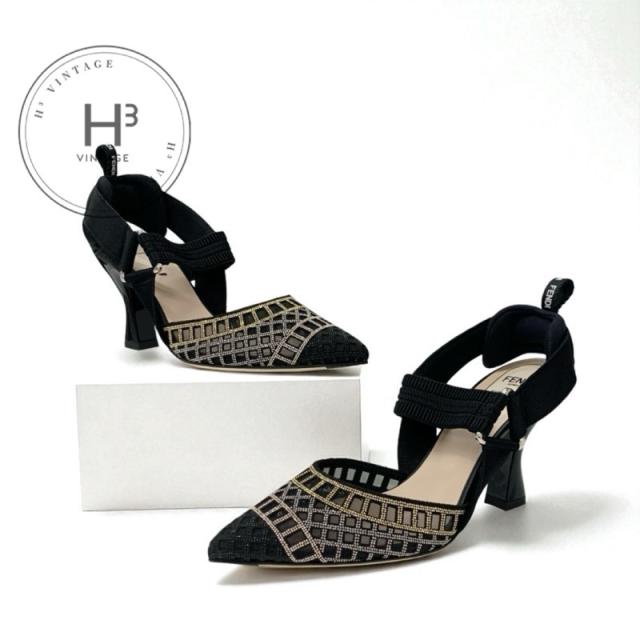 フェンディ FENDI コリブリ パンプス 靴 シューズ メッシュ ファブリック ブラック ゴールド シルバー 未使用 オーダー