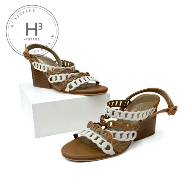 エルメス HERMES ロマンツァ サンダル 靴 シューズ レザー ブラウン ホワイト シェーヌダンクル ストラップ