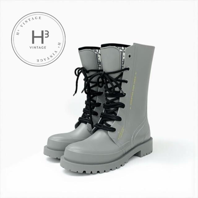 クリスチャンディオール CHRISTIAN DIOR ブーツ ショートブーツ 靴 シューズ ラバー グレー オブリーク レースアップ レインブーツ
