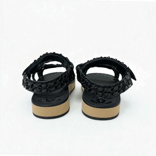 シャネル CHANEL サンダル 靴 シューズ レザー ブラック 黒 ココマーク チェーン ベルクロ_4