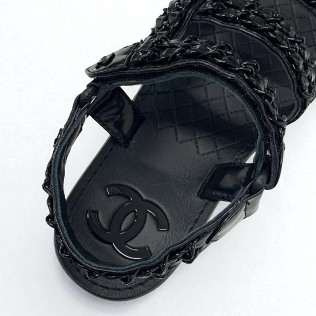 シャネル CHANEL サンダル 靴 シューズ レザー ブラック 黒 ココマーク チェーン ベルクロ_6