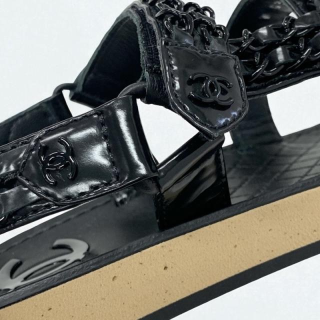 シャネル CHANEL サンダル 靴 シューズ レザー ブラック 黒 ココマーク チェーン ベルクロ_8