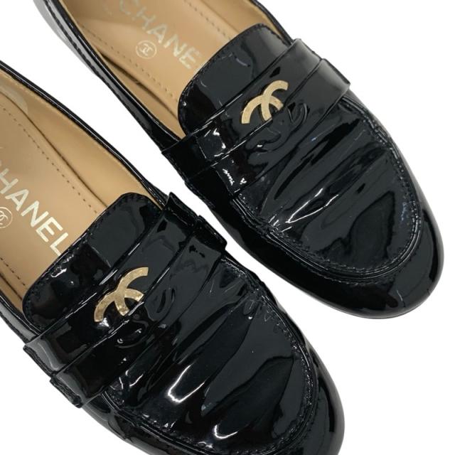 シャネル CHANEL ローファー 革靴 靴 シューズ エナメル ブラック 黒 ゴールド ココマーク_9