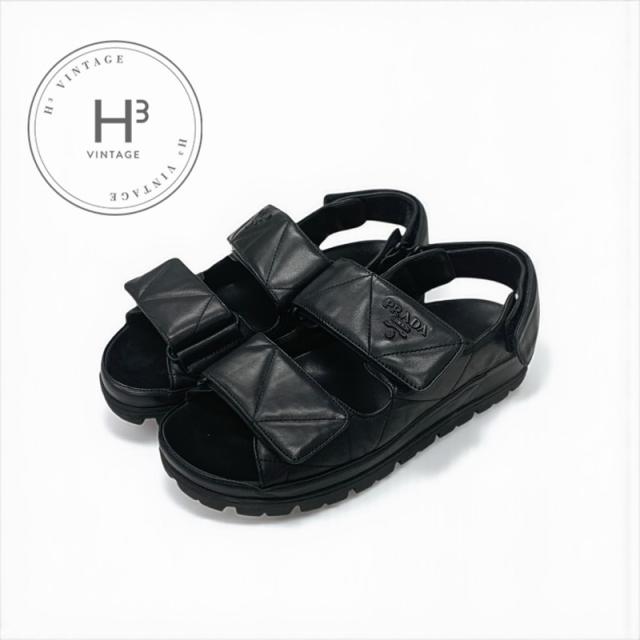 プラダ PRADA サンダル 靴 シューズ レザー ブラック ロゴ パデッドナッパ ベルクロ