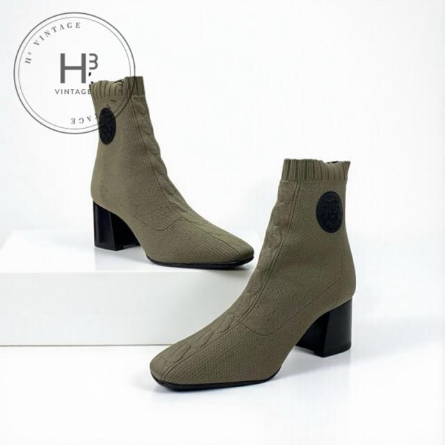 エルメス HERMES ヴォルヴェール ブーツ ショートブーツ 靴 シューズ ファブリック レザー カーキ ブラック ニット