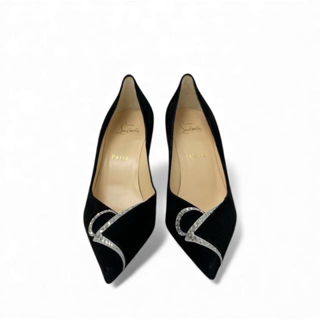 クリスチャンルブタン Christian Louboutin パンプス 靴 シューズ スエード ブラック 黒 未使用 ロゴ ラインストーン_1