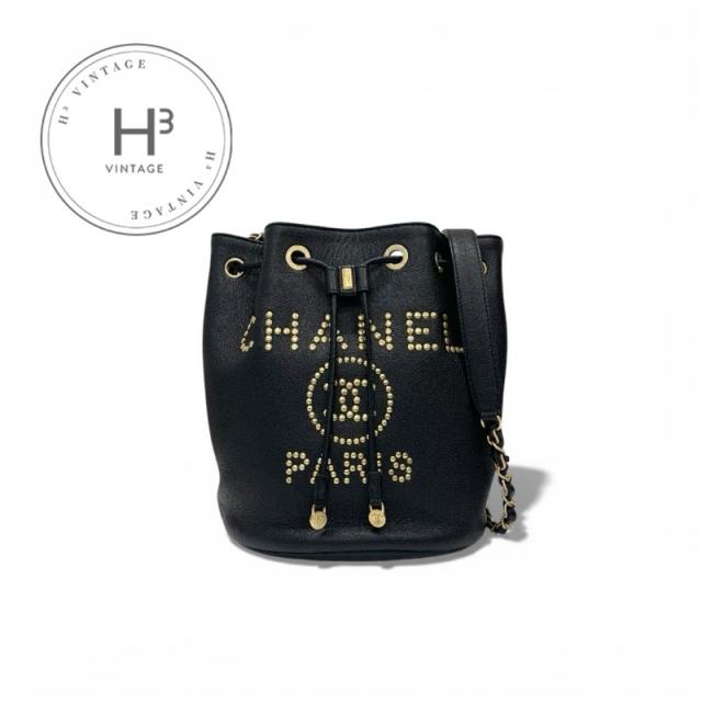 シャネル CHANEL バッグ ショルダーバッグ キャビアスキン ブラック 黒 ゴールド ココマーク ドーヴィル ロゴスタッズ 巾着