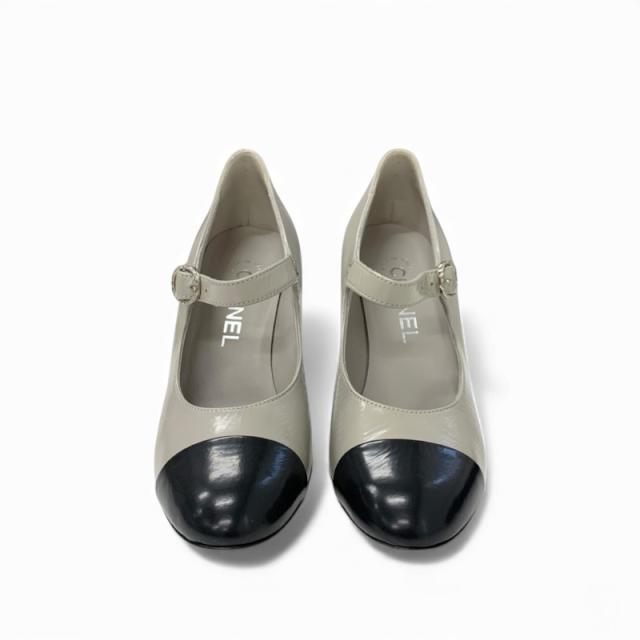シャネル CHANEL パンプス 靴 シューズ レザー グレー ブラック ココマーク ストラップ シワ加工_1