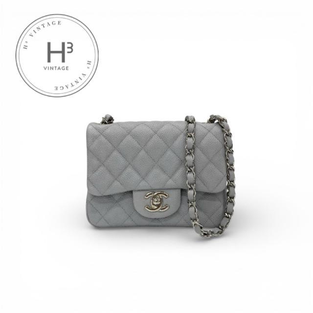 シャネル CHANEL バッグ ショルダーバッグ グレー シルバー ミニマトラッセ ココマーク キャビアスキン シングルフラップ