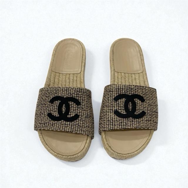 シャネル CHANEL サンダル 靴 シューズ ファブリック ベージュ ゴールド ブラック ココマーク_1