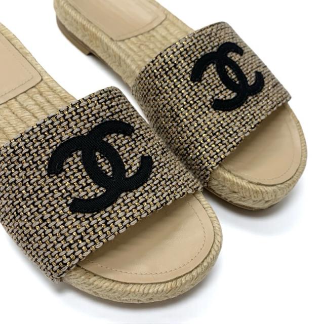 シャネル CHANEL サンダル 靴 シューズ ファブリック ベージュ ゴールド ブラック ココマーク_8