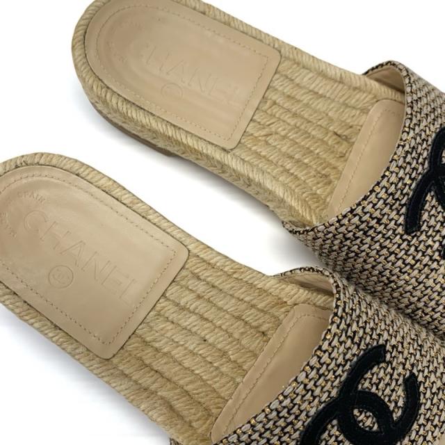 シャネル CHANEL サンダル 靴 シューズ ファブリック ベージュ ゴールド ブラック ココマーク_9