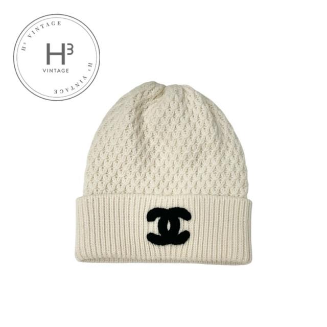 シャネル CHANEL キャップ 帽子 カシミヤ ホワイト ブラック 白 ココ