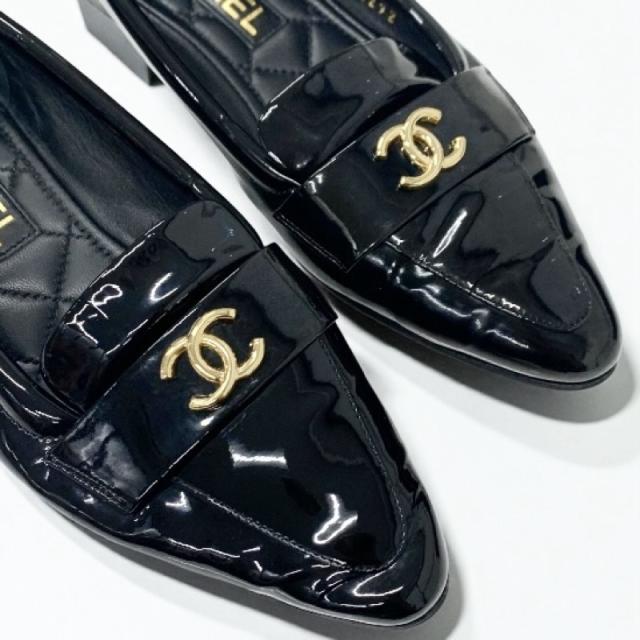 シャネル CHANEL ローファー 革靴 靴 シューズ パテント ブラック 黒 ゴールド ココマーク フラットシューズ_8