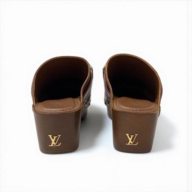 ルイヴィトン LOUIS VUITTON コテージライン サンダル 靴 シューズ レザー ブラウン ゴールド ロゴ スタッズ サボ ミュール_4