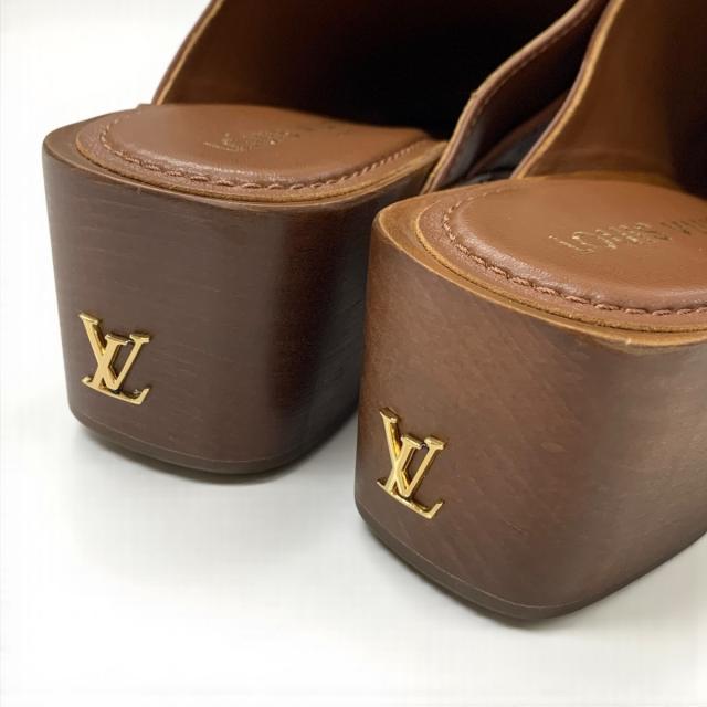 ルイヴィトン LOUIS VUITTON コテージライン サンダル 靴 シューズ レザー ブラウン ゴールド ロゴ スタッズ サボ ミュール_9