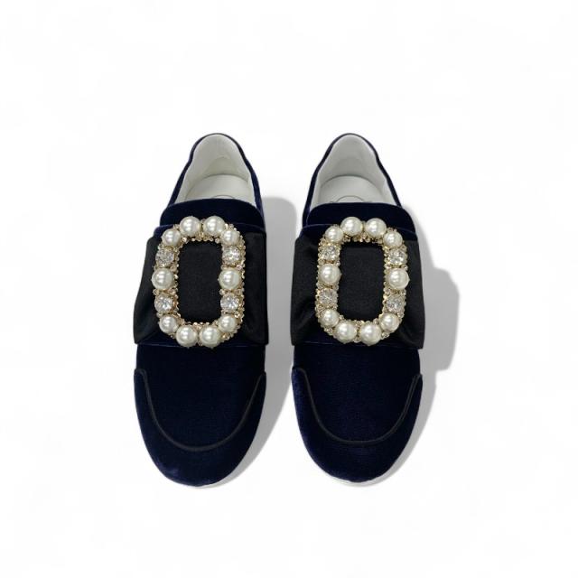 ロジェヴィヴィエ Roger Vivier スニーカー 靴 シューズ ベロア サテン ネイビー ブラック スリッポン パール ビジュー_1