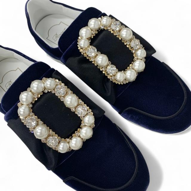 ロジェヴィヴィエ Roger Vivier スニーカー 靴 シューズ ベロア サテン ネイビー ブラック スリッポン パール ビジュー_8