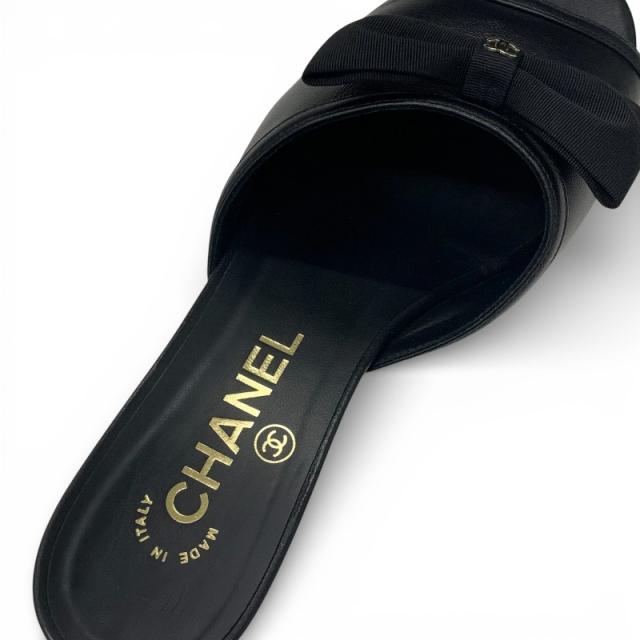 シャネル CHANEL サンダル 靴 シューズ レザー ブラック ゴールド ココ