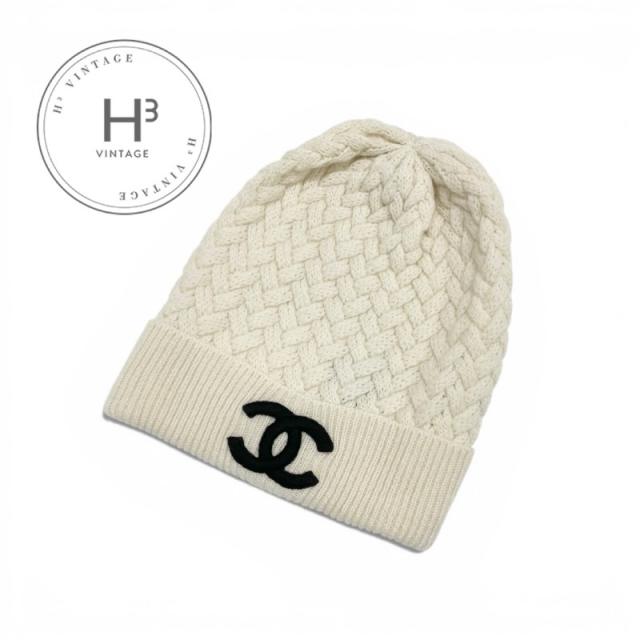 シャネル CHANEL 帽子 カシミヤ ホワイト ブラック ココマーク ニット