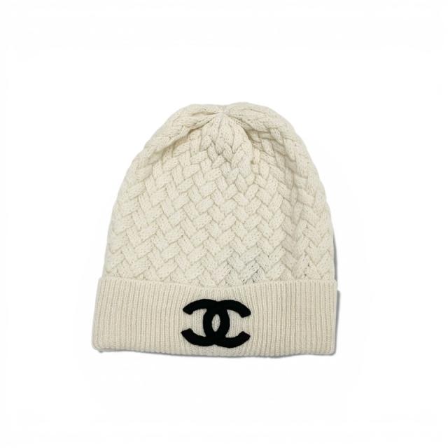 シャネル CHANEL 帽子 カシミヤ ホワイト ブラック ココマーク ニット