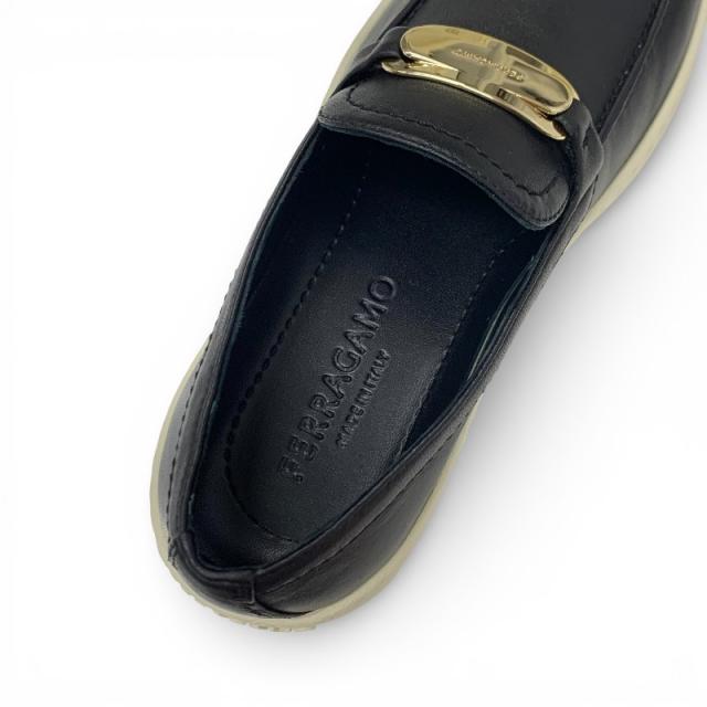 フェラガモ FERRAGAMO スニーカー 靴 シューズ レザー ブラック ゴールド ロゴプレート スリッポン フラットシューズ_6