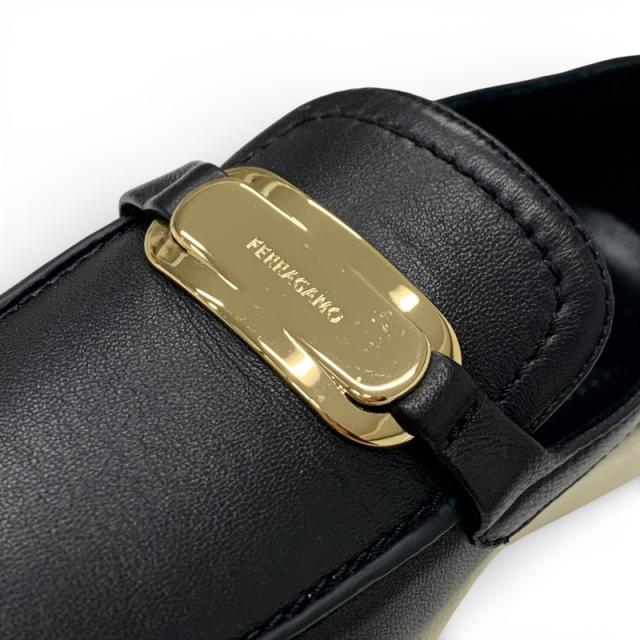 フェラガモ FERRAGAMO スニーカー 靴 シューズ レザー ブラック ゴールド ロゴプレート スリッポン フラットシューズ_8