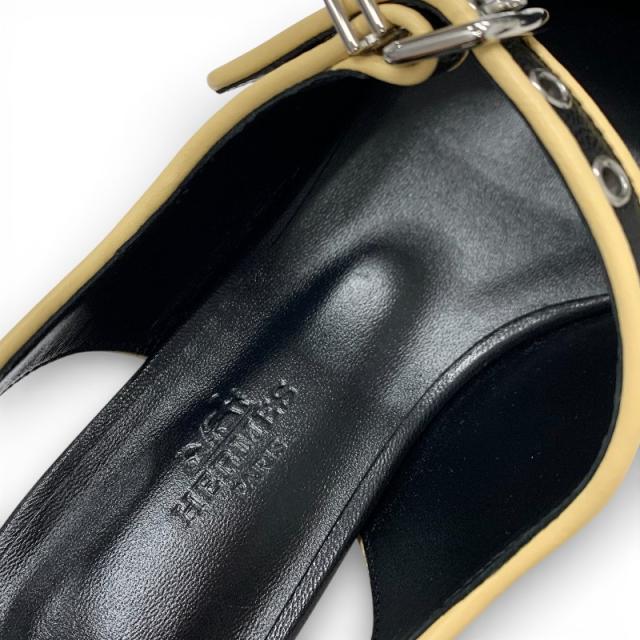 エルメス HERMES クレオ フラットシューズ 靴 シューズ レザー ブラック シルバー スリングバック ストラップ バレエシューズ_6