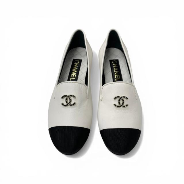 シャネル CHANEL ローファー 革靴 靴 シューズ レザー ホワイト ブラック ココマーク バイカラー フラットシューズ_1