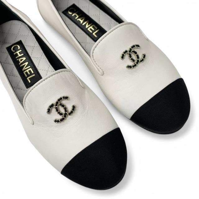 シャネル CHANEL ローファー 革靴 靴 シューズ レザー ホワイト ブラック ココマーク バイカラー フラットシューズ_8