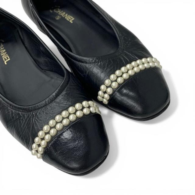 シャネル CHANEL フラットシューズ 靴 シューズ レザー ブラック ココマーク パール フラットパンプス_8
