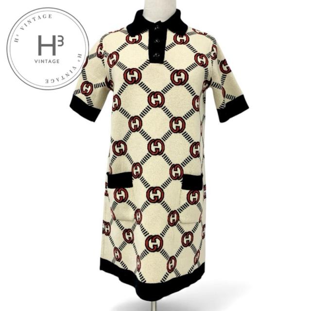 グッチ GUCCI ワンピース ベージュ ブラック レッド インターロッキングG リバーシブル ポロドレス ニット