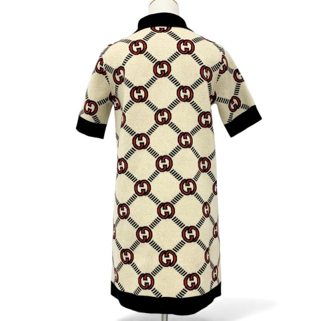 グッチ GUCCI ワンピース ベージュ ブラック レッド インターロッキングG リバーシブル ポロドレス ニット_2