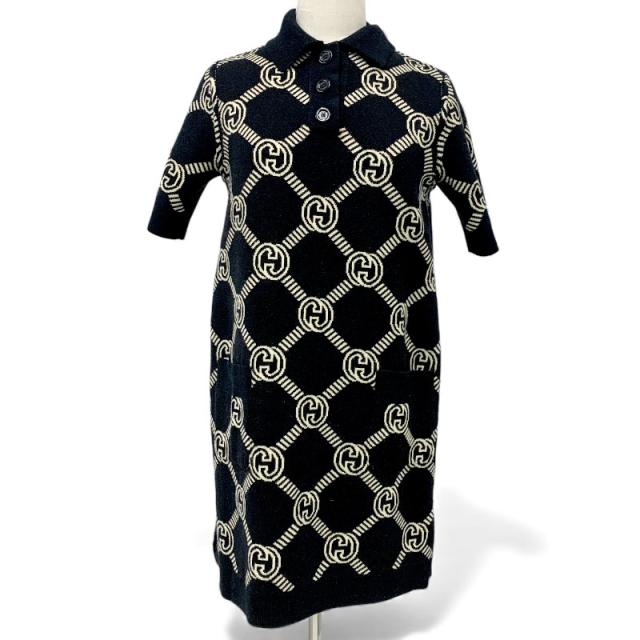 グッチ GUCCI ワンピース ベージュ ブラック レッド インターロッキングG リバーシブル ポロドレス ニット_3