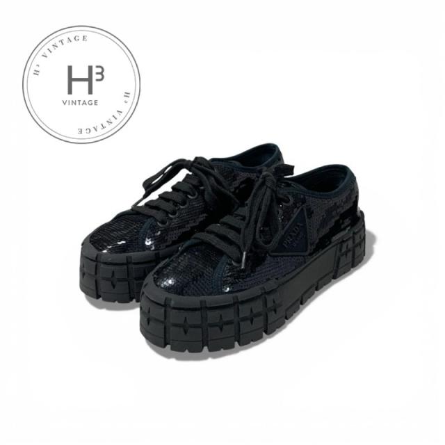 プラダ PRADA スニーカー 靴 シューズ スパンコール ブラック 黒 ロゴ ダブルホイール
