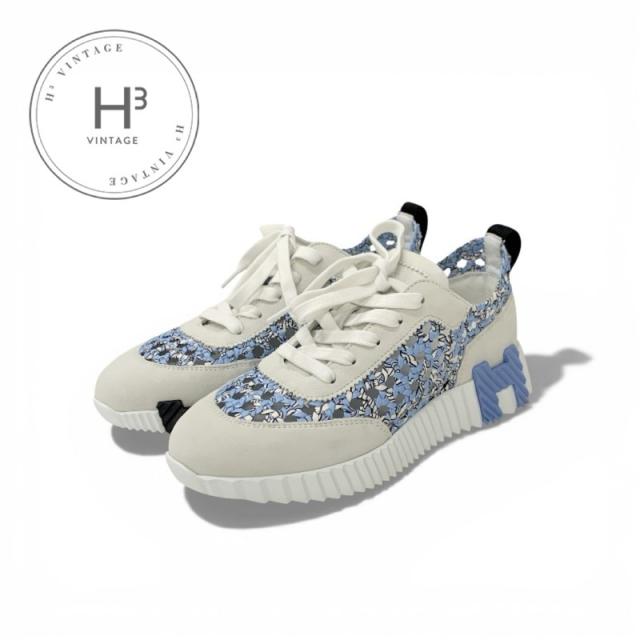 エルメス HERMES バウンシング スニーカー 靴 シューズ シルク スエード ブルー グレー 未使用 編み込み
