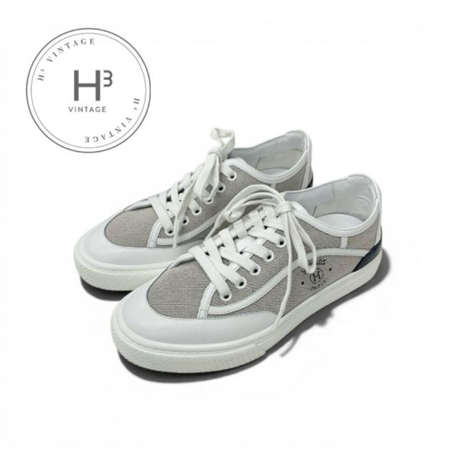 エルメス HERMES ゲット スニーカー 靴 シューズ キャンバス レザー グレー ホワイト ブラック ローカット ロゴ