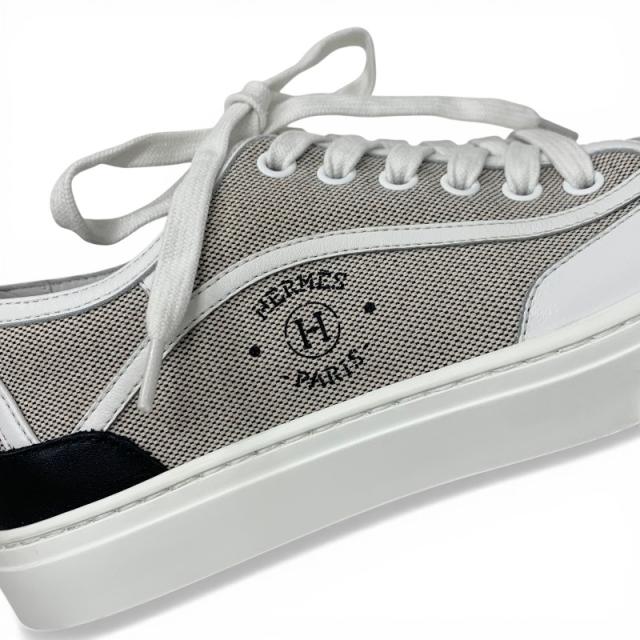 エルメス HERMES ゲット スニーカー 靴 シューズ キャンバス レザー グレー ホワイト ブラック ローカット ロゴ_8