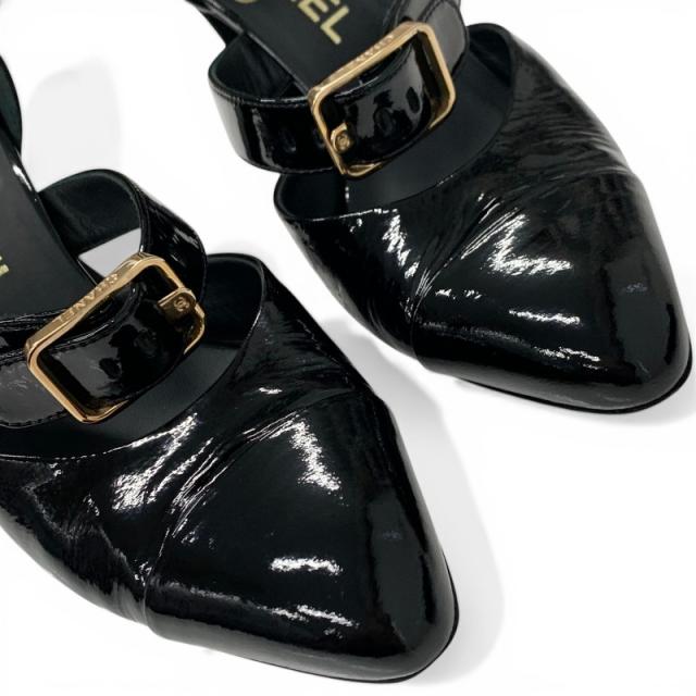 シャネル CHANEL パンプス 靴 シューズ パテント ブラック 黒 ココマーク ロゴ ベルト ストラップ