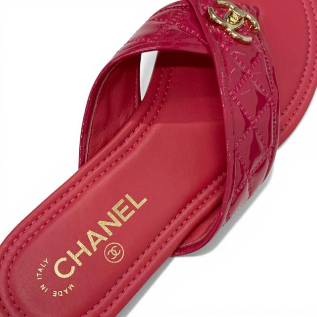 シャネル CHANEL サンダル 靴 シューズ パテント ピンク ゴールド ココマーク マトラッセ トングサンダル フラットサンダル_6