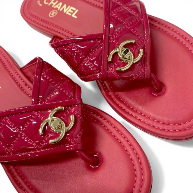 シャネル CHANEL サンダル 靴 シューズ パテント ピンク ゴールド ココマーク マトラッセ トングサンダル フラットサンダル_8
