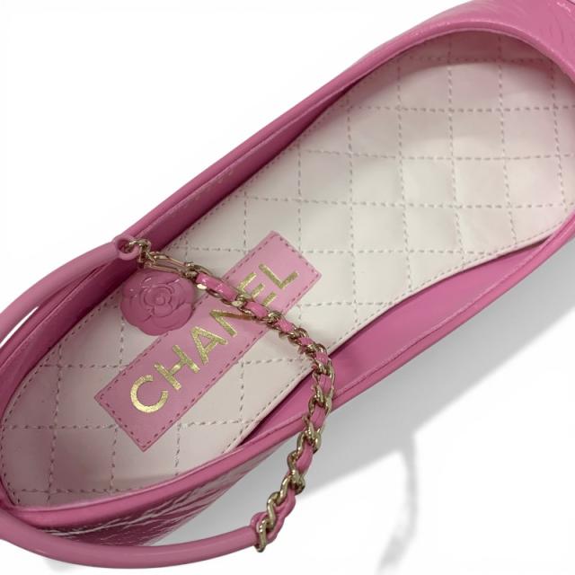 シャネル CHANEL フラットシューズ 靴 シューズ レザー ピンク ゴールド ココマーク カメリア チェーンストラップ シワ加工_6