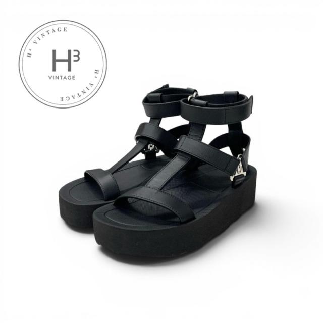 エルメス HERMES エニド サンダル 靴 シューズ レザー ブラック 黒 シルバー Hディアマンバックル ベルクロ アンクルストラップ