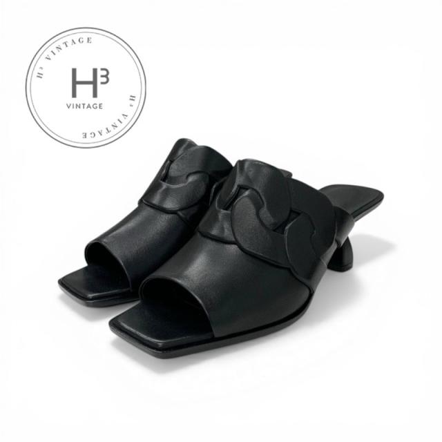 エルメス HERMES ハンナ95 サンダル 靴 シューズ レザー ブラック 黒 ミュール 未使用