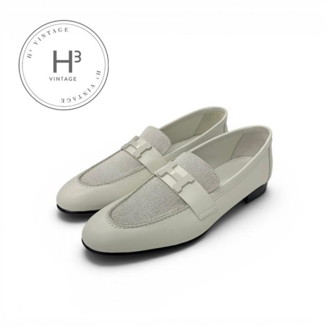 エルメス HERMES パリ ローファー 革靴 靴 シューズ レザー キャンバス アイボリー H金具 モカシン