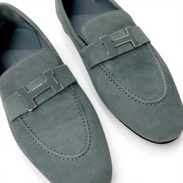 エルメス HERMES パリ ローファー 革靴 靴 シューズ スエード ブルー グレー シルバー H金具 モカシン_8